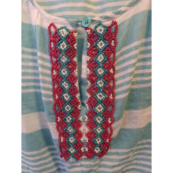 Talbots lightweight Boho 3/4 sleeve Teal with Red and Indigo bead work Neck Sz M - Picture 3 of 5